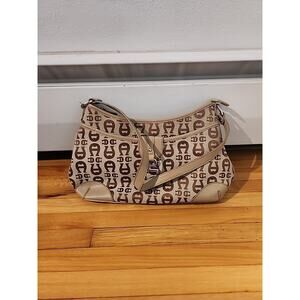 Vintage Etienne Aigner Shoulder Bag Purse Signature Logo Leather Trim Beige Tan